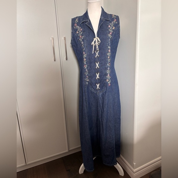 Scandles Dresses & Skirts - Vintage Embroidered Denim Farmer’s Market Maxi Dress